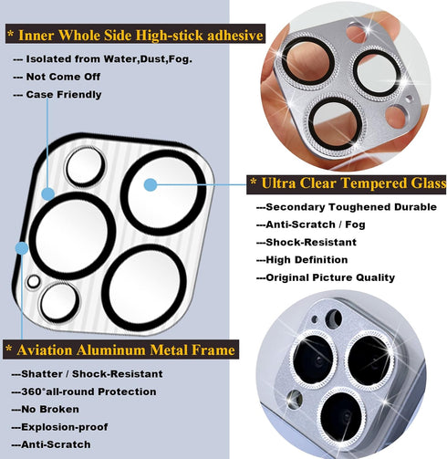 2 Pack Camera Lens Protector for iPhone 13 Pro/Max, Aluminum Alloy Metal & 9H Tempered Glass