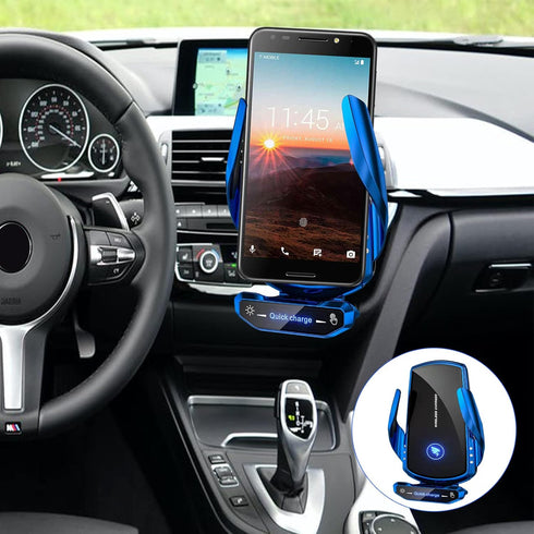Wireless Car Charger Mount, 15W Fast Charging, Auto Clamping, Compatible with All Android, Blue