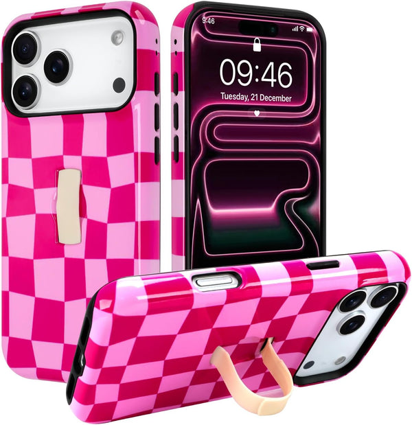 SOKAD Checkered Phone Case for iPhone 17 Pro Max with Finger Strap Kickstand,