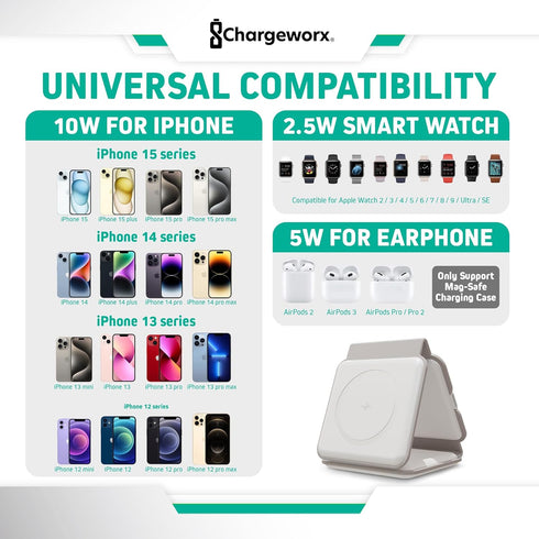 3-in-1 Wireless Charging Pad with Foldable Travel Stand, Rapid 15W Station for iPhone, AirPods & Apple Watch