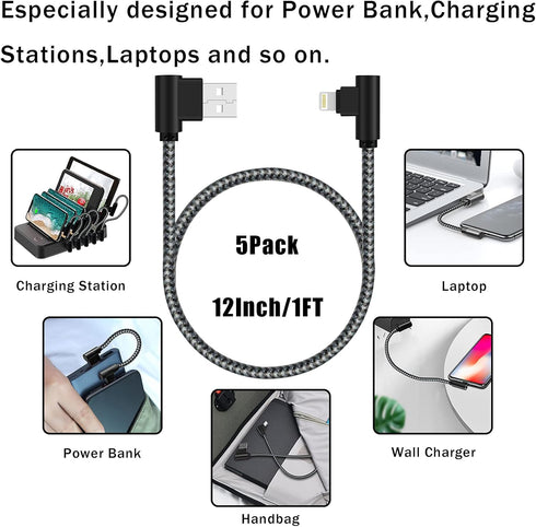 MFi Certified 1Ft iPhone Charger - Braided 90° Lightning Cable for iPhone 14, 13, 12, 11, Pro, X, XS, XR, 8, 7, 6, 5