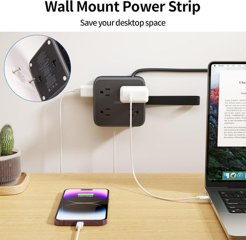 NTONPOWER Flat Plug Power Strip - 5 ft Extension Cord with 8 Outlets, 3 USB, Overload Protection