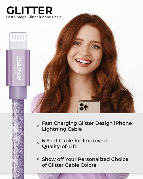 LIQUIPEL Powertek Glitter MFi Certified 6ft Lightning to USB Cable, Fast Charging for Apple iPhone, iPad, Purple