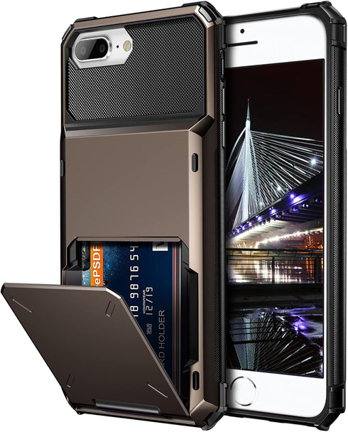 Vofolen iPhone 8 Plus Case - Rugged TPU Dual Layer Wallet with Card Holder & ID Slot, Scratch Resistant, Gun Color.