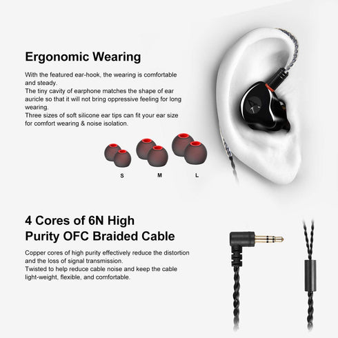 HiFi Stereo IEM Earphones - Dynamic Dual Driver Wired Earbuds, Noise Canceling, Detachable Cable for Musicians (Black)