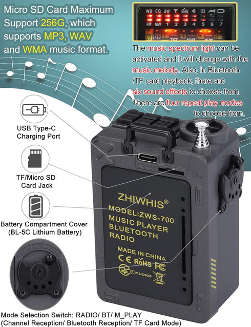 ZHIWHIS Portable Shortwave Radio with Bluetooth, Retro Analog Tuner, Weather AM FM, Rechargeable MP3 Player, Sleep Timer
