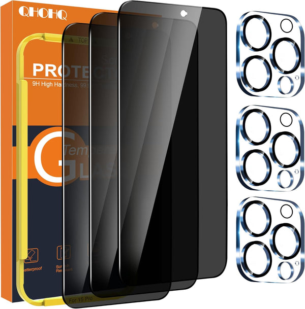 QHOHQ 3 Pack Privacy Screen Protector for iPhone 15 Pro (6.1 Inch) with 3 Pack Camera Lens Protector, Anti Spy, 9H