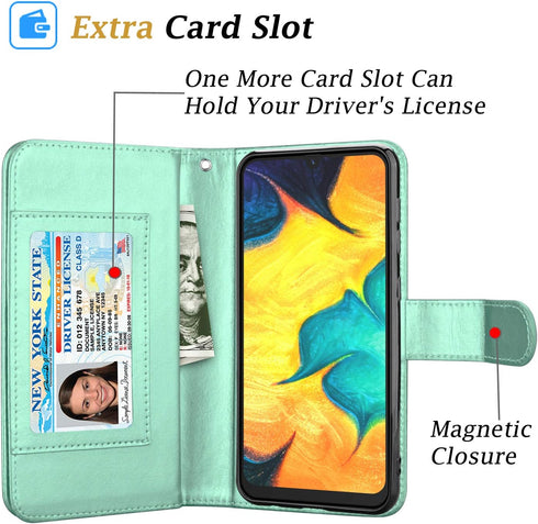 Takfox Wallet Case for Samsung Galaxy A50, PU Leather with 9 Card Slots, Folio Flip Magnetic Detachable Case (Turquoise)