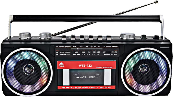 WISCENT Retro 80's Cassette Player Recorder with AM/FM/SW Radio, Bluetooth Boombox, USB, Built-in