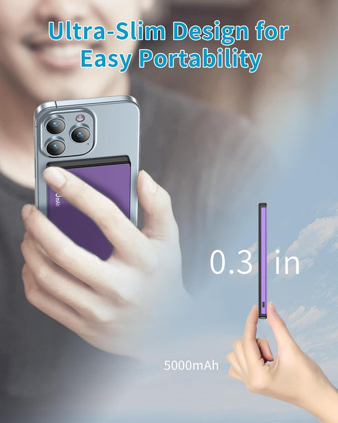 Wireless Portable Charger 5000mAh, Slim Magnetic Power Bank, Mag-Safe Battery Pack Travel Charger for iPhone 15 14 13