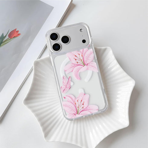 NITITOP 17 Compatible for iPhone Pro Max Case Clear Magnetic Compatible with MagSafe Cute Lily Flowers Floral for Women