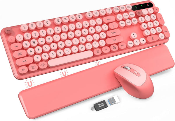 Wireless Keyboard and Mouse Combo, Cute Typewriter Keyboard with Detachable Wrist Rest, Retro Round Keycaps
