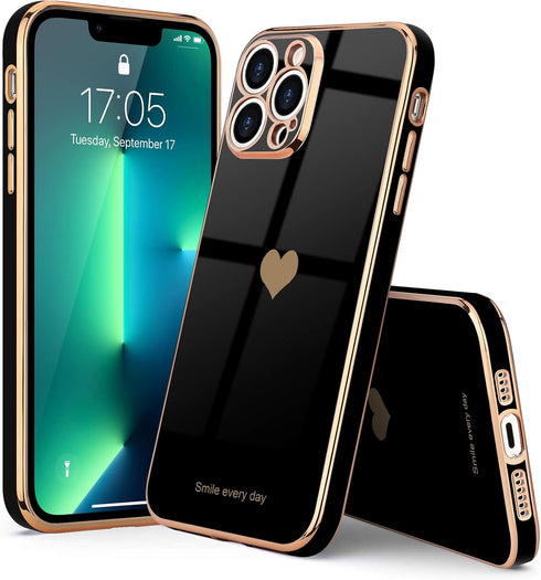 Teageo Cute Love-Heart Luxury Bling Plating Case for iPhone 13 Pro Max, Soft Back Cover with Raised Camera Protection,