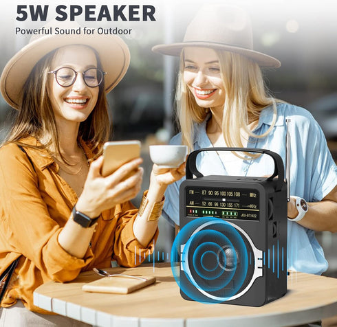Portable AM FM Radio, Bluetooth 5.0 Radio with Loud Speaker, Built-in Rechargeable Battery, AC Power Plug, Black
