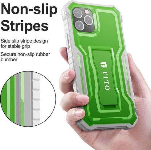 FITO iPhone 12 Pro Max Case, Dual Layer Shockproof Heavy Duty with Screen Protector, Built-in Kickstand (Green)