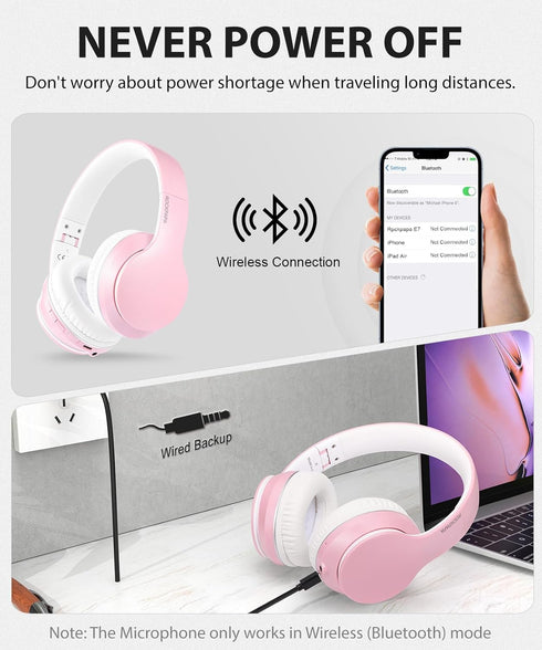 rockpapa E7 Over Ear Wireless Bluetooth Headphones with Mic, Foldable Wired/Wireless Headphones for Kids, Pink White