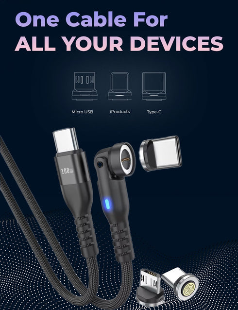 360 PRO 100W USB-C Magnetic Phone Charger (Pack of 2) - 6 in 1 Magnet Charging Cable, Fast Charging & Data, Works with