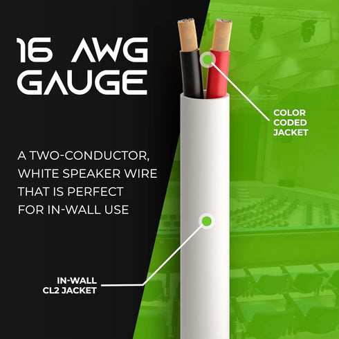GearIT 16/2 Speaker Wire (100 Feet) 16 Gauge (Copper Clad Aluminum) - Fire Safety in Wall Rated Audio Speaker Wire Cable / CL2 Rated / 2 Conductors - CCA, 100ft
