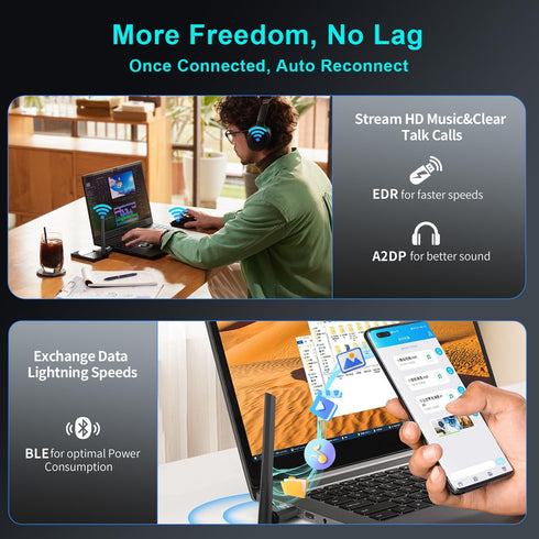 hakimonoe 5.4 11 10 8.1 7, Long Range Bluetooth Adapter for PC, USB Bluetooth Dongle Enhanced Antenna for Laptop