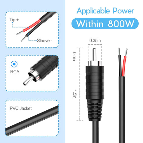 Pixelman 18AWG 6ft RCA Plug Speaker Wire, 2Pcs, RCA Male Plug to Bare Wire, Audio Adapter Cable for Stereo Speakers