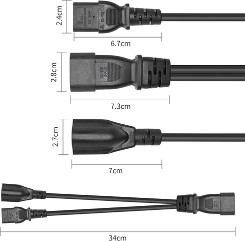 C14 to C13+NEMA 5-15R Y Splitter Power Cord, YACSEJAO 10A/250V IEC 320 Single Male to C13 + NEMA 5-15R (1FT/30CM)