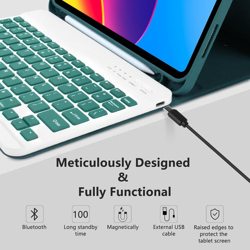 MMK Keyboard Case for iPad 10th Generation 10.9" 2022, Detachable Bluetooth Keyboard & Pencil Holder, Green