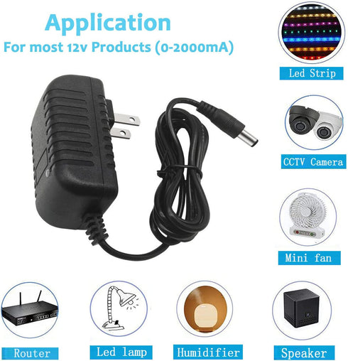 DC 12V 2A Power Adapter 24W AC to DC 12 Volt 2 Amp Power Supply with 4.6ft Cord for LED Strip Light CCTV Camera