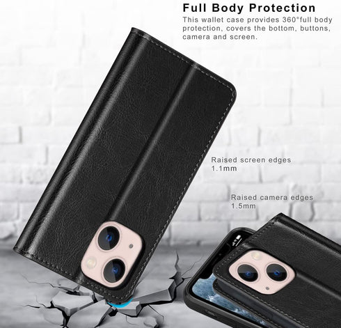 Belemay 15 (6.1-inch) Case Compatible with iPhone Wallet Case-Genuine Leather-RFID Blocking Card Holders-Shockproof TPU