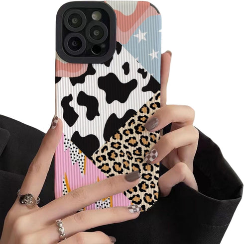 iPhone 13 Case Compatible, Trendy Leather Animal Leopard Design with Cow Milk Spot Pattern, Shockproof Slim TPU