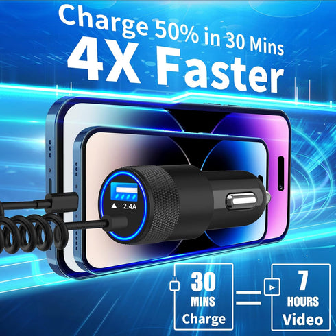 ?MFi Certified?Caiinei iPhone Fast Car Charger, 4.8A Dual USB Power Car Charger with 6FT Coiled Lightning Cable for