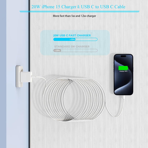 Long Charger for iPhone 15, 20W USB C PD Fast Charging Charger 2-Pack, 6FT Type C to C Cable for iPhone 15/iPad Pro