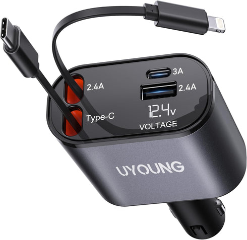 iPhone Car Charger, Retractable Fast 100W Phone Charger 4 in 1 Adapter with 2 Cables and 2 USB Ports