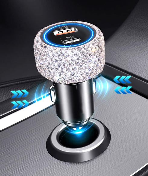 USB C Car Charger Adapter 54W Bling Diamond PD & QC 2-Port Type C Compact Car Charger Compatible for iPhone, iPad, Samsung Galaxy, LG, Google Pixel, Moto, USB-C Port