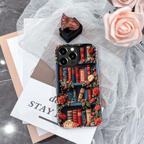 DJSOK 14 Compatible with iPhone Pro Max,Glossy PC Anti-Scratch Shockproof Case - Bookshelf Floral Fabric Library