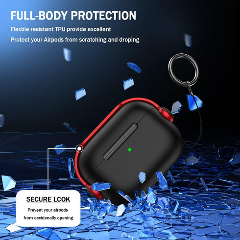 R-fun AirPods Pro Case with Secure Lock & Cleaning Kit, Protective Cover for AirPods Pro 2 (USB-C/Lightning), Black/Red