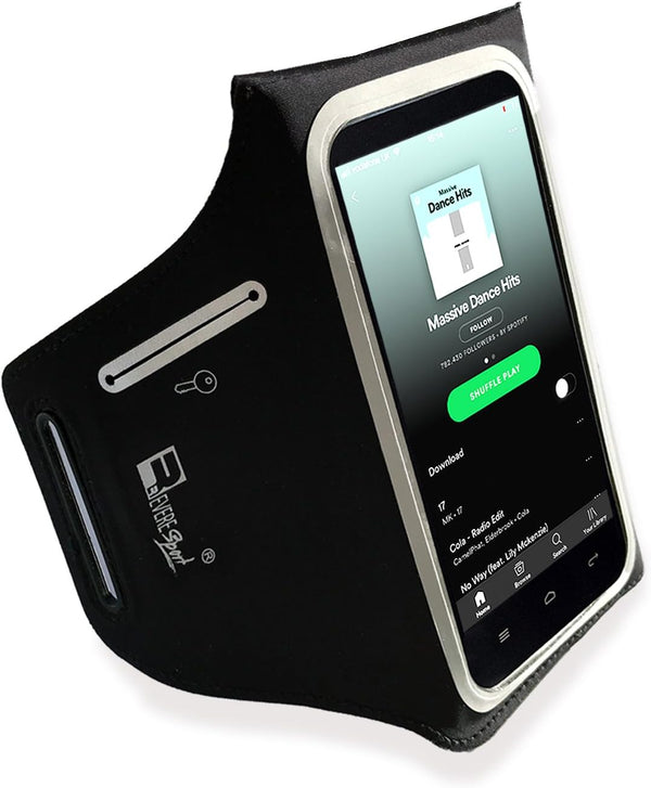 RevereSport Waterproof Running Armband for iPhone 12 Mini with Extra Pockets for Keys, Cash, and Cards, Black
