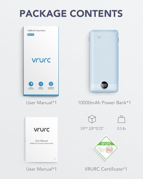 VRURC Portable Charger with Built-in Cables and AC Wall Plug, 10000mAh USB C Power Bank for Smart Phones, Tablets Blue