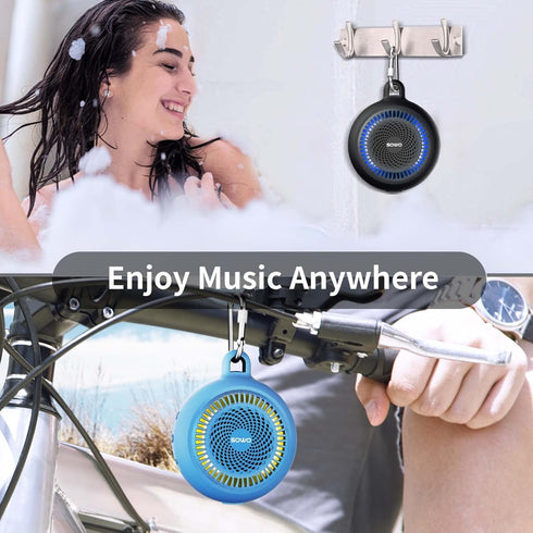 Bluetooth Shower Speaker Waterproof, Small Portable Wireless Speaker with Clip, Powerful Bass, Colorful Lights