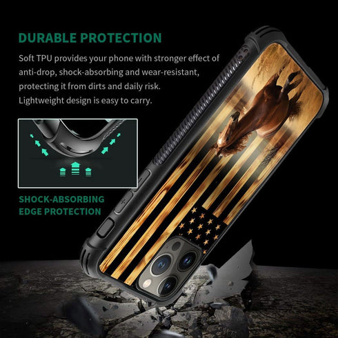 DJSOK iPhone 15 Pro Case: Classic Wood Grain American Flag Horse, Dual Layer Shockproof Rugged Cover for Men, Boys,
