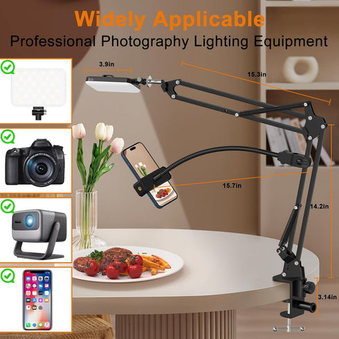 Overhead Phone Mount with 60 LED Light: Portable Selfie Light and Phone Holder for Desk, Camera Mount Arm Stand for