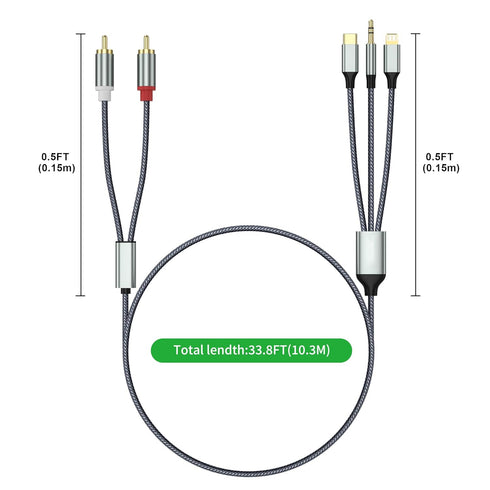 Lightning to RCA Cable Audio Aux Adapter (10.3M), RCA to 3.5mm Cable, USB C to 2 RCA Audio Cable (3 in 1) for Power