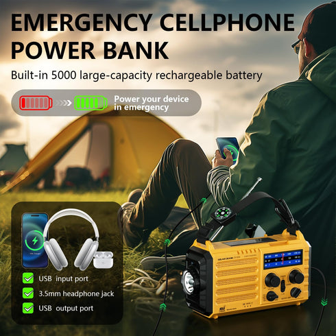 Emergency Radio 5000 Hand Crank Solar Weather Radio, 5-Way Power Survival Portable Radio with Flashlight & Charger