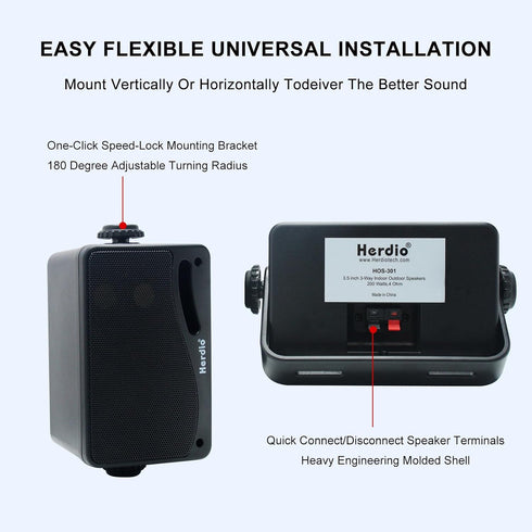 Herdio 3.5 Inch Passive Outdoor Speakers, 200W 3 Way Premium Mountable Wall Speakers, Black Pair
