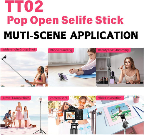 FORGERAY TT02 70 Inch Tall Phone Tripod, Auto Pop Open Selfie Stick Tripod with Magnetic Bluetooth Remote, Adjustable