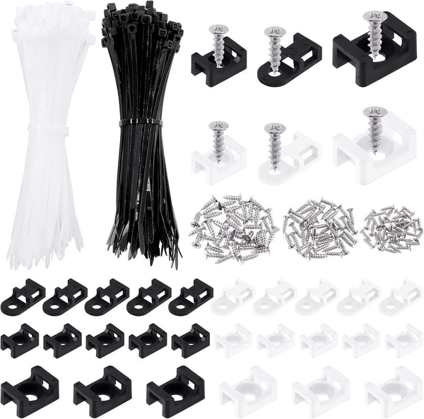 Swpeet 480Pcs Self-Locking Cable Zip Tie Set, Black & White with Saddle Type Mounts and Screws for Wire Organization
