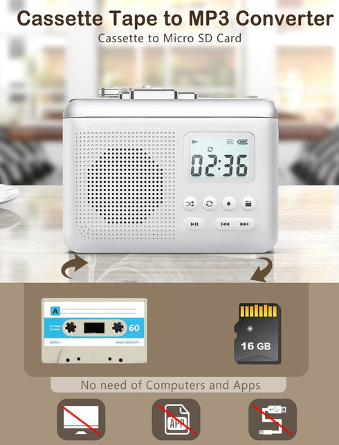 Gracioso Portable Cassette Player Recorder Converter, Cassette to MP3 via SD Card, Walkman with Rechargeable Battery,
