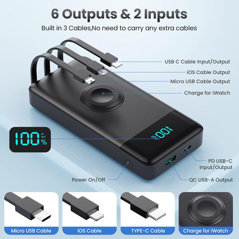HETP 10800mAh QC4.0+PD 25W Bank,6 Pack 16/15/14/13, Portable Charger Fast Charging USB C Power Outputs LCD Display