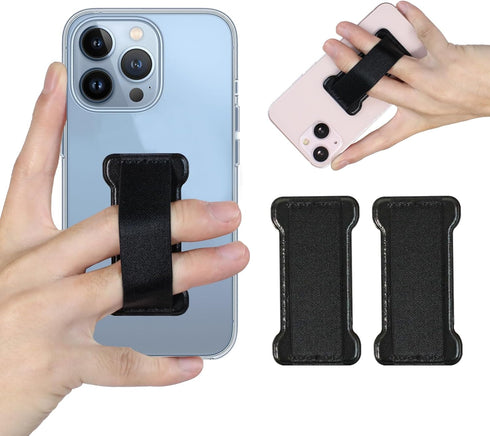 Universal Finger Strap Phone Grip Holder for Hand, Compatible with Most Smartphones (PU Black) - 2Pack Finger Selfie