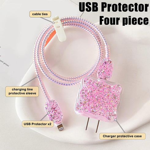Luxury Cable Protector Suitable for iPhone Charger Clear Wave Edge Glitter Design,Data Line USB Case Wire Cable Saver Phone Charger Protector for iPhone XR 8 11 12 13 14 Plus Pro Max - Pink by CameCosy