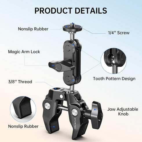 ATUMTEK 1/4" 3/8" 360 GoPro/Insta360/INSTAX/DJI Super Camera Clamp Mount with and Threads, Dual Ballhead Magic Arm Ball
